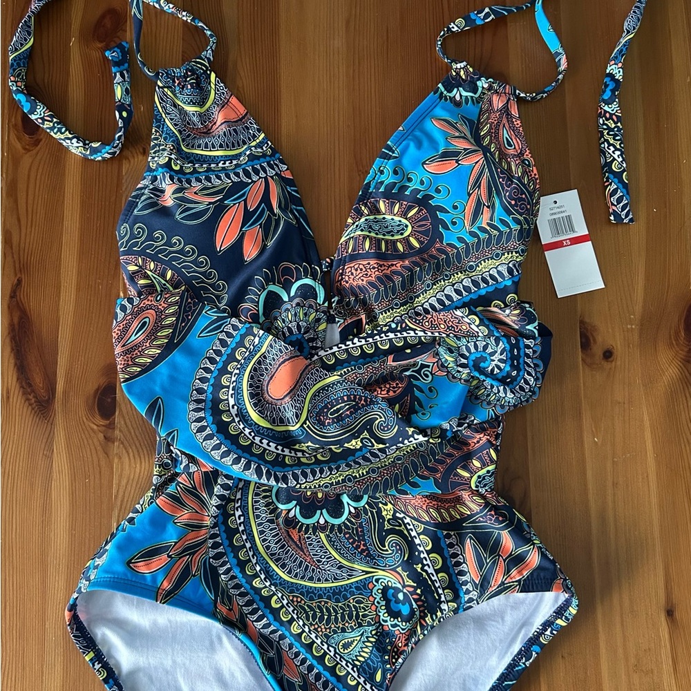 Blue and Orange One Piece Swim with Halter Neckline